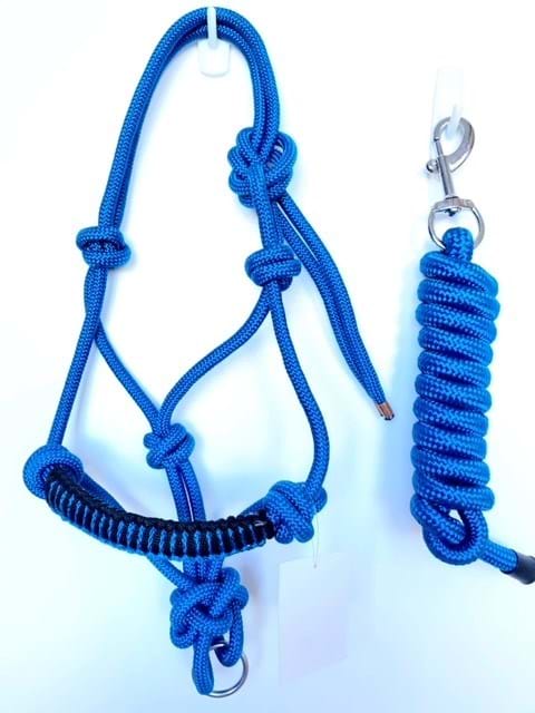 Braided Rope Halter with Lead - Blue with Black Detail